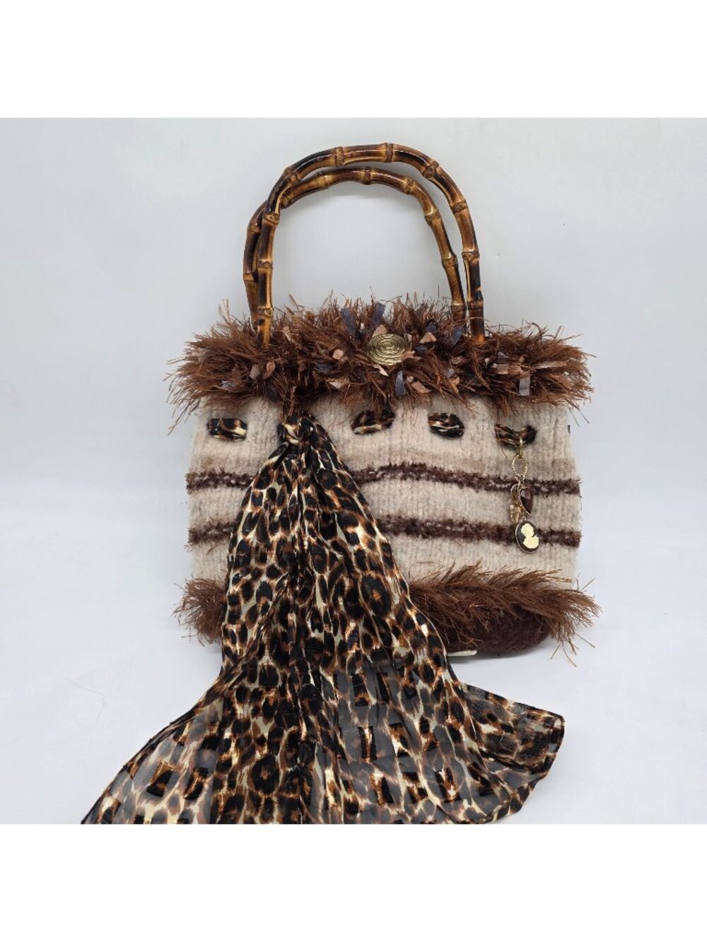Boho Chic Handbag Bamboo Handles & Leopard Print Scarf Knitted Felted